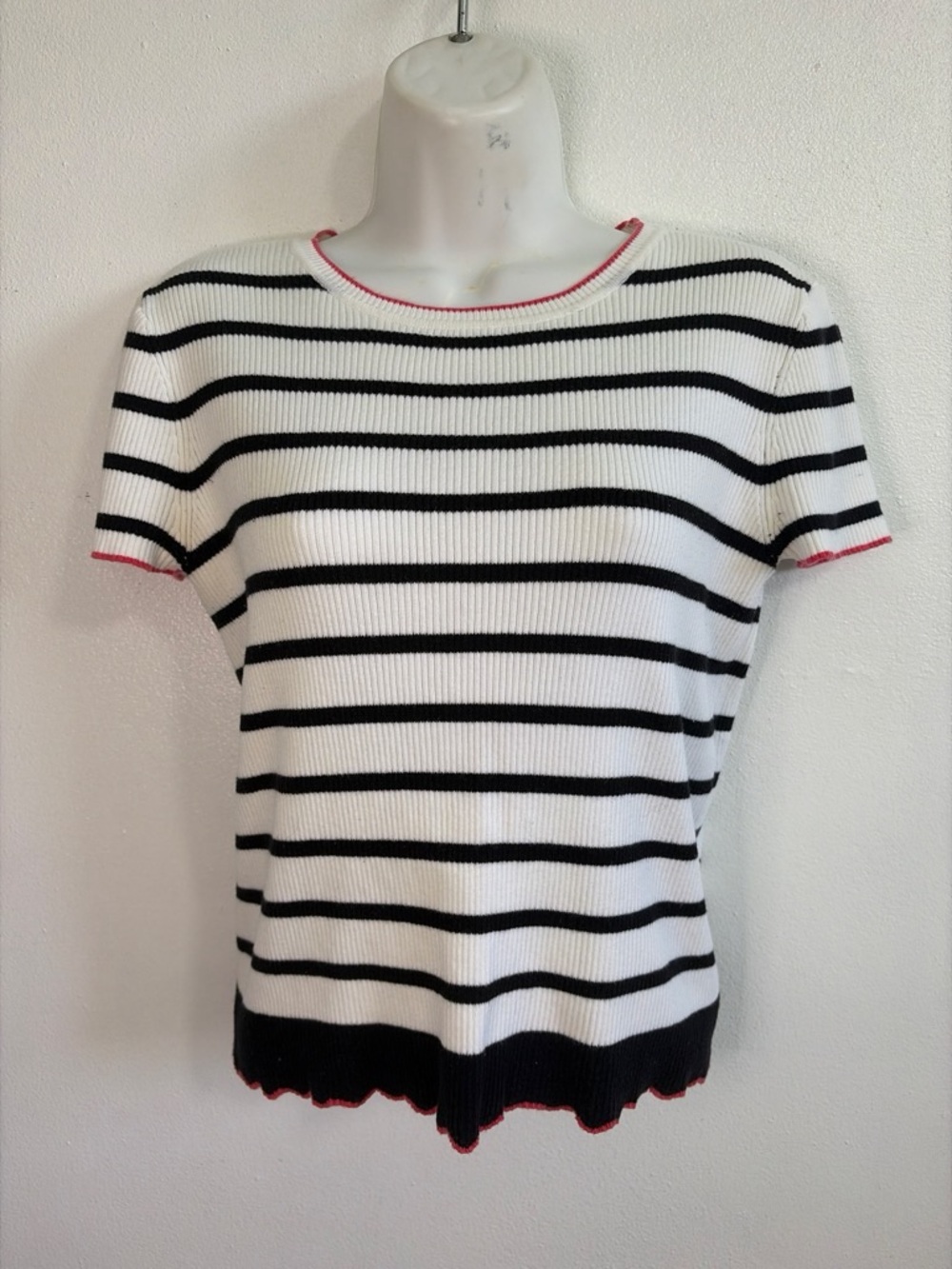 Worthington Black & White Striped Short Sleeve Top with Pink Trim